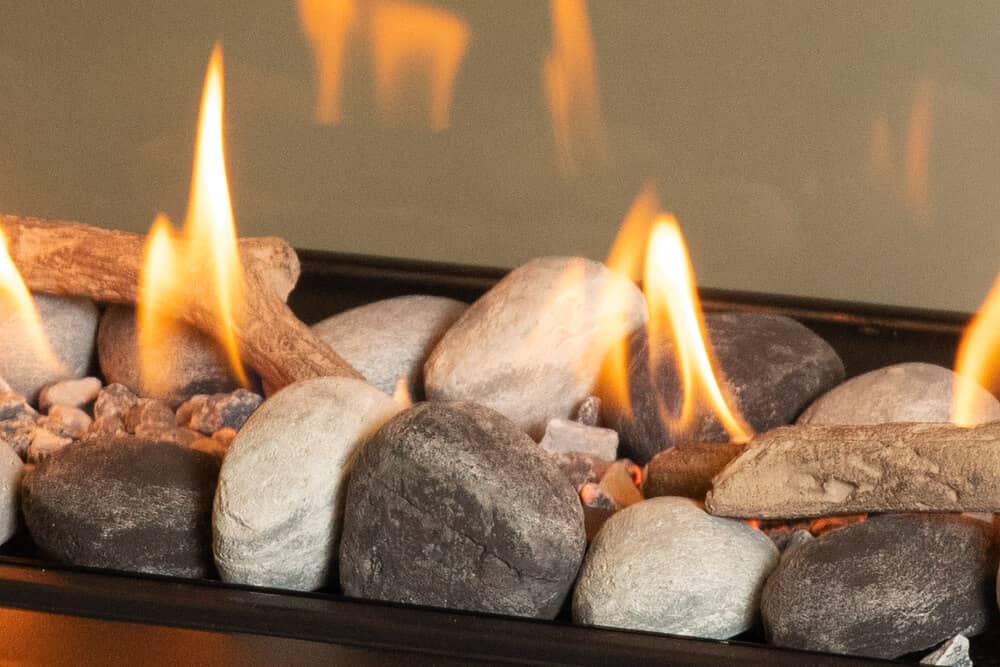 L1 See-Thru Gas Fireplace Rock and Shale