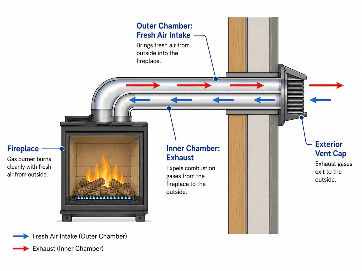 Direct vent gas fireplace diagram showing sealed combustion with fresh air intake and exhaust flow